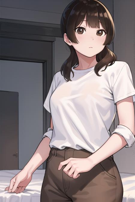 yuiashiro, <lora:yui ashiro-lora-nochekaiser:1>,
yui ashiro, bangs, blunt bangs, brown hair, (brown eyes:1.7), medium hair, ponytail,
BREAK shirt, pants, t-shirt, (white shirt:1.5),
BREAK indoors, bed,
BREAK looking at viewer, (cowboy shot:1.5),
BREAK <lyco:GoodHands-beta2:1>, (masterpiece:1.2), best quality, high resolution, unity 8k wallpaper, (illustration:0.8), (beautiful detailed eyes:1.6), extremely detailed face, perfect lighting, extremely detailed CG, (perfect hands, perfect anatomy),