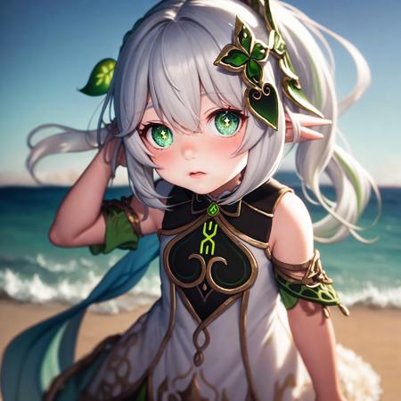 detailed illustration,  kusanali,small  kid, white hair,dress, hair ornament, symbol-shaped pupils, beach <lora:nahida12:0.9>