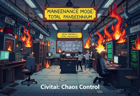"Anime-style chaotic tech lab with everything in disarray—servers malfunctioning, flames, and characters frantically working. Sign reads ‘Maintenance Mode: Total Pandemonium’. Text: ‘Civitai: Chaos Control’."