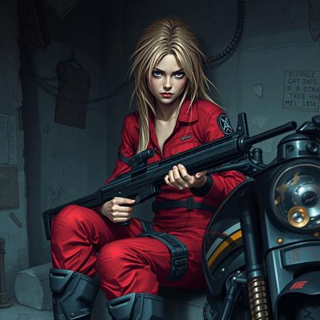 Futuristic Sci-fi. A tired female fighter, dressed in a red jumpsuit is sitting, tired, in a corner in a battle damaged neighbourhood. She has long dishelveled blonde hair, blue eyes and a pretty face. She's polishing a long futuristic laser rifle. An armored motorcycle is at her side.