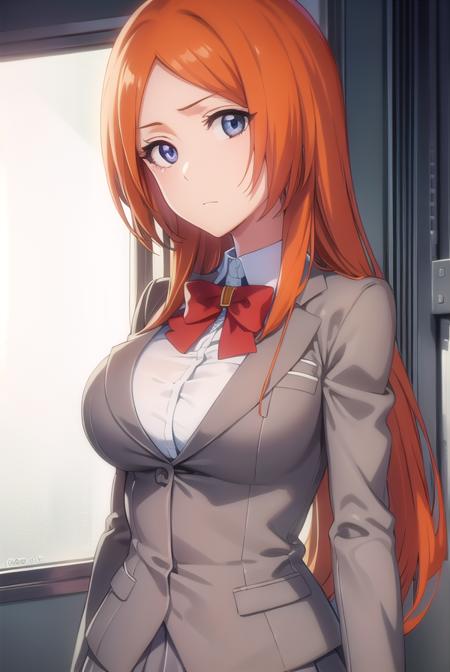 inoueorihime, <lora:originalinoueorihime-lora-nochekaiser:1>,
inoue orihime, long hair, orange hair, (grey eyes:1.5),
BREAK skirt, bow, school uniform, jacket, blazer, grey jacket,
BREAK looking at viewer, full body,
BREAK indoors, classroom,
BREAK <lyco:GoodHands-beta2:1>, (masterpiece:1.2), best quality, high resolution, unity 8k wallpaper, (illustration:0.8), (beautiful detailed eyes:1.6), extremely detailed face, perfect lighting, extremely detailed CG, (perfect hands, perfect anatomy),