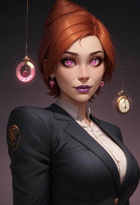 High details, expressiveh, easynegative, EnD_CGI Style, Style-Volumetric, detailed eyes, score_9, score_8_up, score_7_up, score_6_up, score_5_up, score_4_up, uncensored, BREAK
Assumi posing,
1girl, solo, Assumi, curvy, large breasts, looking at viewer, eyecpntact, (pink eyes:1.4), (cute face:1.7), subtle smile, barely open mouth, black eyeliner, red hair, short hair, single hair bun, purple lipstick, red jewelry earrings, heart shaped earrings, purple nail polish, black blazer, covered neck, face close up, (swinging pink pendulum:1.5),
Hypnosis spiral background,