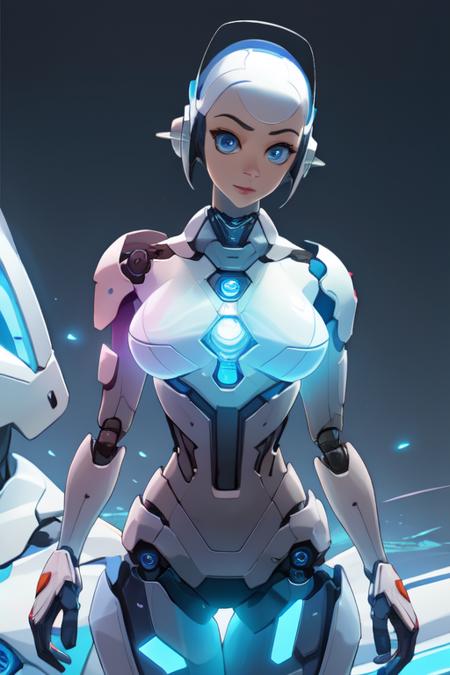 (best quality:1.3), (masterpiece:1.3), (detailed:1.2), distinct image, (Cowboy shot), BREAK Solo, looking at viewer, Tapered body, Half-Up Half-Down blue eyes, Sheer Sleeve natural volumetric lighting, Artistic Background,Gwendolyn_Tennyson , robot, android