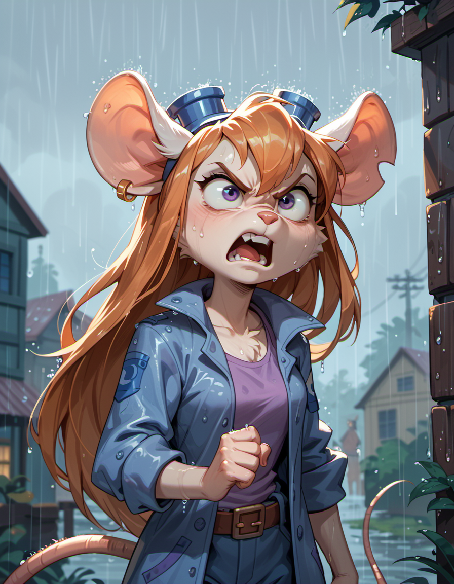 source: cartoon, source: furry, score_9_up, (score_8_up, score_7_up:1.2), (score_6_up:1.1), mouse girl, gadget hackwrench from rescue rangers, white long hairs, purple overall, angry, rainy, ,