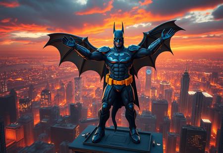 Heroic Batman Armor Dragon, arms outstretched, standing sentinel on a skyscraper rooftop overlooking a stunning crimson & amber metropolis. Wearing iconic blue/grey armor, yellow utility belt, blue boots. Ultra-detailed, cinematic atmosphere, dramatic lighting. trending on Artstation, CGSociety, Octane Render, Unreal Engine 5, Raphael Style, Beautiful Matte Painting, Splash Ink Illustration, 4k, High-res, Impeccable Composition, Dynamic Pose.