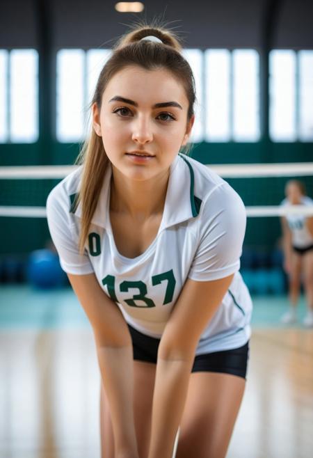 downblouse, bokeh, looking at viewer, beautiful young woman, playing volleyball, in sports uniform, gym