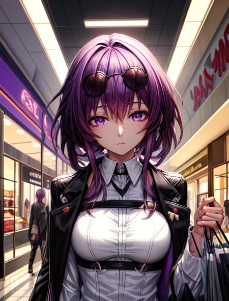 best quality, masterpiece, highres, detailed, digital artwork, <lora:Detail - add_detail:0.2>,  <lora:Character - KafkaHonkai:0.8>, KafkaHonkai, sunglasses on head, purple eyes, purple hair, white shirt, black jacket, open jacket, expressionless, shopping, mall