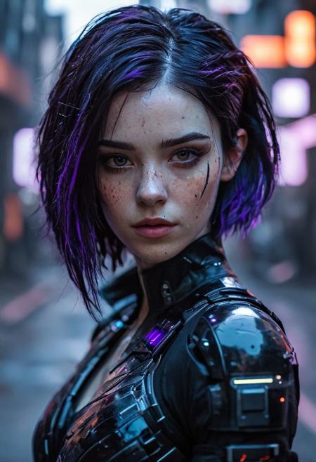 beautiful model girl, cyberpunk, dark hair with purple highlights , pale skin, freckles,  big brown eyes, slim face, dynamic pose, industrial, street, hiperrealistic photo, epiCRealism, dark futuristic
