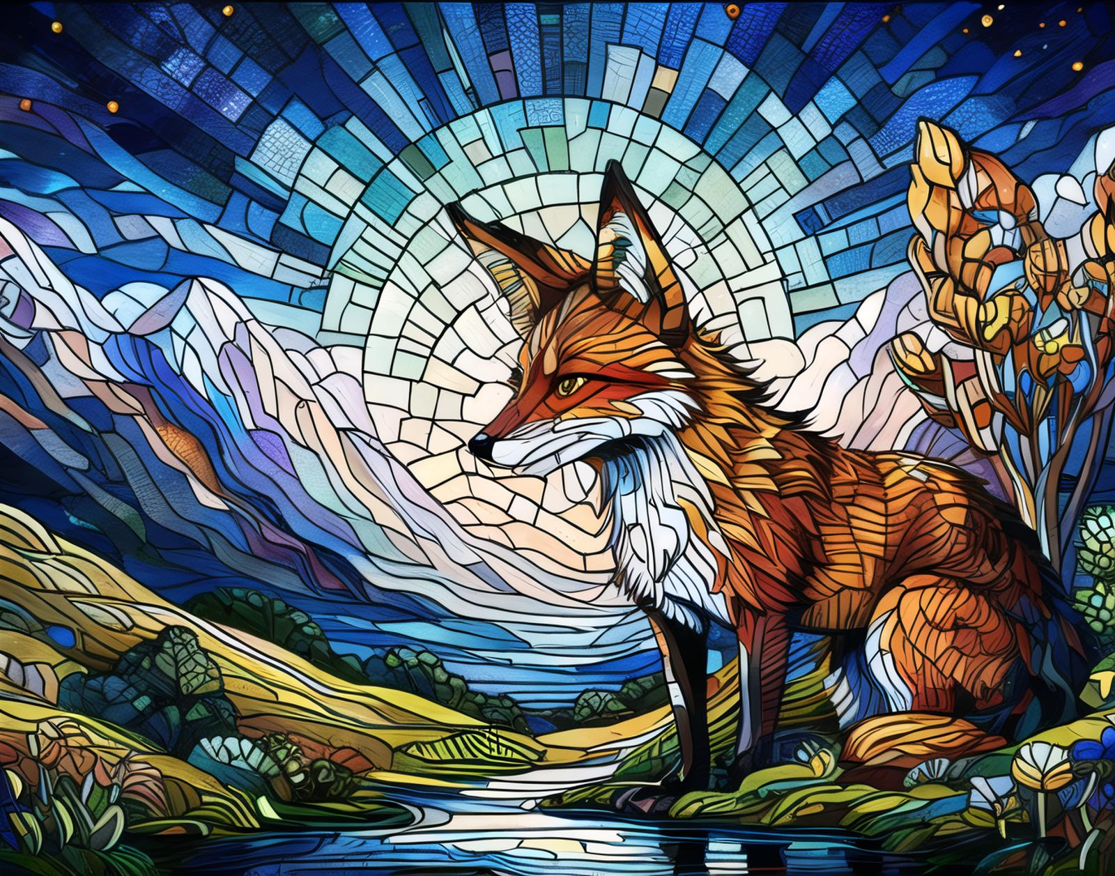 Stained Glass Fox With Striking Yellow Eyes and Brown Body, Set in a Mountainous Landscape