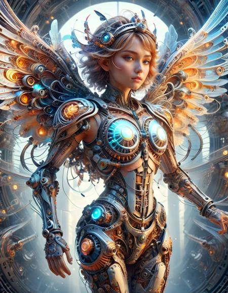 (best quality, masterpiece, colorful, dynamic angle, highest detailed)upper body photo, full body photo, fashion photography of cute mechangel, glowing 4 wings, solo, glowing armor, glowing halo, building, glowing mechanical 4 wings (intricate details, hyperdetailed:1.15), detailed, light passing through hair, (official art, extreme detailed, highest detailed) <lora:ral-frctlgmtry:1> made of ral-frctlgmtry