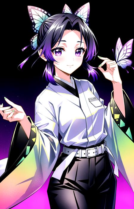 (masterpiece, top quality, best quality, official art, beautiful and aesthetic, anime style:1.4), (8k res, best quality, masterpiece:1.4), (looking at viewer, cowboy shot:1), 1girl, solo, kochou shinobu, Shinobu, (Black hair, Black colored hair, parted bangs, short flowing hair, two-tone hair, gradient hair, purple hair tips, multicolored hair:1.2), (purple eyes, shining purple eyes:1.3), [smile, closed mouth:1.2], [medium breasts:1], (Shinobu Attire, haori, butterfly hair ornament:1.4), (simple background, uniform, white belt, wide sleeves, long sleeves, black pants, japanese clothes, butterfly print:1.4), <lora:more_details:.3>,  <lora:ShinobuLora:.7>