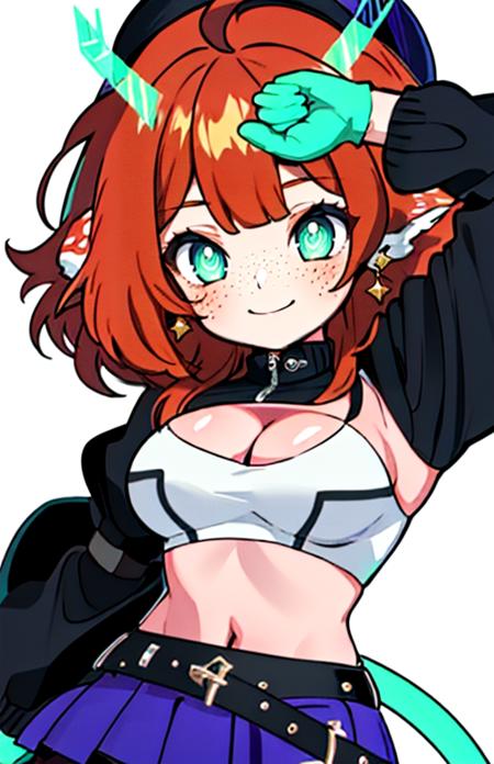 harperstrikes, breasts,  brown hair,  hat, navel, animal ears,, green eyes,  ahoge,  earrings, aqua eyes, black headwear, beret, piercing, ear piercing, freckles, horns,