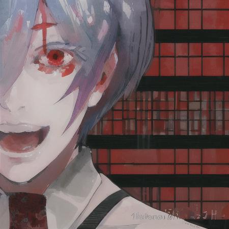 (touka_kirishima), red eyes, 1girl,flamboyant, style of sui ishida, tokyo ghoul, zoomed in on face, focused on face, blue highlights,looking at viewer,watercolor, aristocratic youth,  <lora:TKG_Sui Ishida:1>  <lora:toukaKirishima_v10:1>