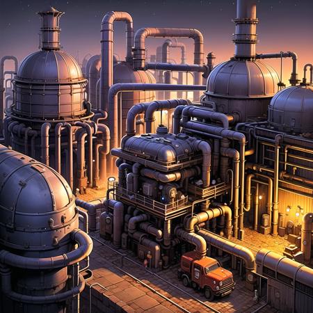 industrial pipe plant steampunk city scene