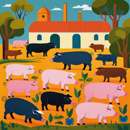 vector art, style of Tarsila do Amaral pig farming, flat color