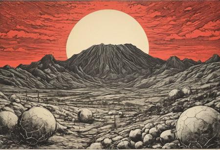 nuclear waste, multiple toxic green nuclear explosion on in background, red sun dawn behind mountains, extremely detailed, (highly detailed:3), close-up, (etching:3)  (max screck) B&W
