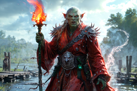 bioluminescent, an orc war chanter with green skin, wearing a robe, chanting with a staff, solo, from the Gorehowl Clan, with blood-red armor and howling wolf symbols, an orc river crossing with a wooden bridge, flowing water, orcs guarding, detailed background, tracking prey, sniffing the ground, focused, intense gaze, action focus, medium shot, a warlord coronation with orcs cheering, new leader raising a weapon, bonfire blazing, a pot of war paint, nearby, on a grass plain, soft grass, windy, gusts blowing, leaves swirling, clouds racing, midmorning, bright sunlight, warm air, clear skies, best quality, vibrant colors, photorealistic style, high detail, high-definition, hyper-realistic, extremely high-resolution details, fine texture, incredibly lifelike, realistic, not cartoon, not drawing, highres, 4K resolution, source photo, realistic photo, masterpiece, best quality, amazing quality, very aesthetic, ultra-detailed, detailed textures, natural lighting, soft lighting, battleworn tones, muted reds, grays, blacks, lava glow, fiery red glow, three-quarter view shot, full body visible, <lora:Mystic_Lumina_r1-000007:0.9>