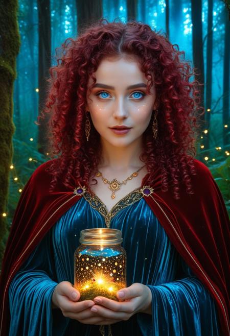 (masterpiece, best quality, ultra-detailed:1.3), RAW photo, 8K UHD, 
1girl, mystical heterochromia (gold/azure), flowing crimson curls, ethereal luminescent skin, petite frame, velvet cloak with constellation patterns,
[Enchanted forest, bioluminescent plants], [catching fireflies in glass jar],
mystical atmosphere, volumetric rays, intricate details
