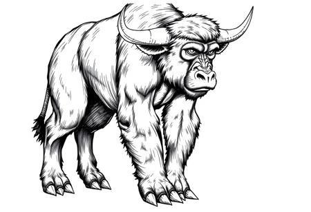 fantasy, ink art, comic style art, bull is standing with four feet, front orangutan's feet has 3 claws, muscular , looking at viewer, half side view