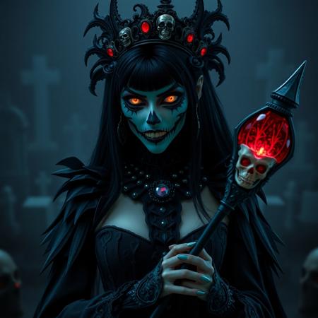 1girl, mysterious, hyper-realistic, despotically evil vampire queen, detailed argular scary face, goth sugar skull make up, jet black hair, black malachite crystal victorian dress with sharp jagged textures, Black Soul Gem Eyes, skull tiara with ebony accents, vampire fangs, glowing bioluminescent accents, holding scepter carved from bone with a red crystal skull on th end, haunting cemetery background, black glass floor, dim lighting, matte color tones, flat color style, horror fantasy, intricate details, cinematic shading, reij-blckprlglss, aidmaImageUpgrader