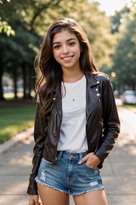 RAW photo of woman, (full body shot:1.1) portrait, (smile, happy, laughing, mouth open:1.2), sharp focus, best quality, extremely detailed. (leather jacket, short shorts:1.2). in a park. (lens flare:1.01). full body view . BREAK r1ta-001, brunette hair, brown eyes. fcHeatPortrait