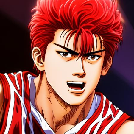 masterpiece,RAW photo, best quality,   ultra-detailed, highres, extremely detailed, photorealistic,HDR, full height, photograph,highlight and shadow,professional light,Animation,<lora:WRF_Sakuragi_Hanamichi02:0.8>, WRF_Sakuragi_Hanamichi,red hair,bust shot,red Basketball uniform