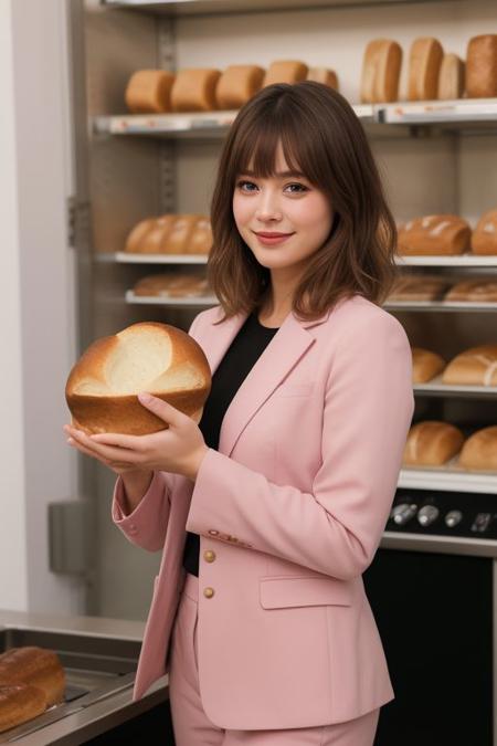 photo realistic, masterpiece, best quality, studio lighting, solo, jmc <lora:jennettemccurdyV01:1>, <lora:polyhedron_skinny_all:.3>, pink suit, holding a ((bread,puff)) (Urn) with ((two hands)) , light smiling ,  blonde highlights with bangs , bakery background,(looking at viewer, realistic eye and face details),film grain:1.5, Kodak Max 400 Film), (nsfw:1.2)
