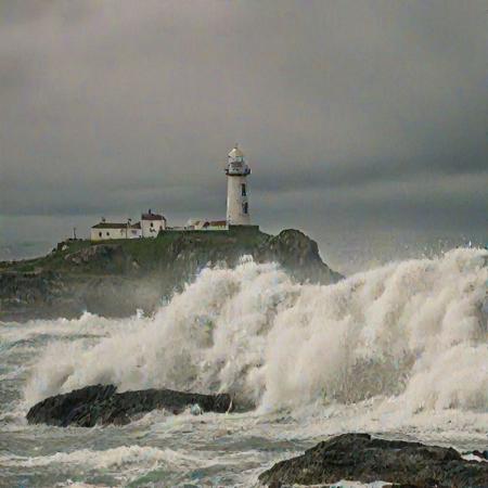 Rough sea, 
huge waves crashing on rocks, 
green and white lighthouse standing on grassy headland in dramatic evening light, 
scattered cumulus nimbus with lightning