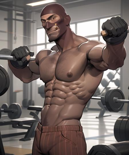 masterpiece, solo, upper body, tf2spy, redteam, facial hair, detailed eyes, (red mask, glack gloves, striped pants, red pants), front view, (((topless, muscular, bara, nipples, abs, pecs))), smug, detailed background, indoors, gym, weightlifting, looking at viewer, wide eyes, seductive, <lora:spylorav1:0.9>