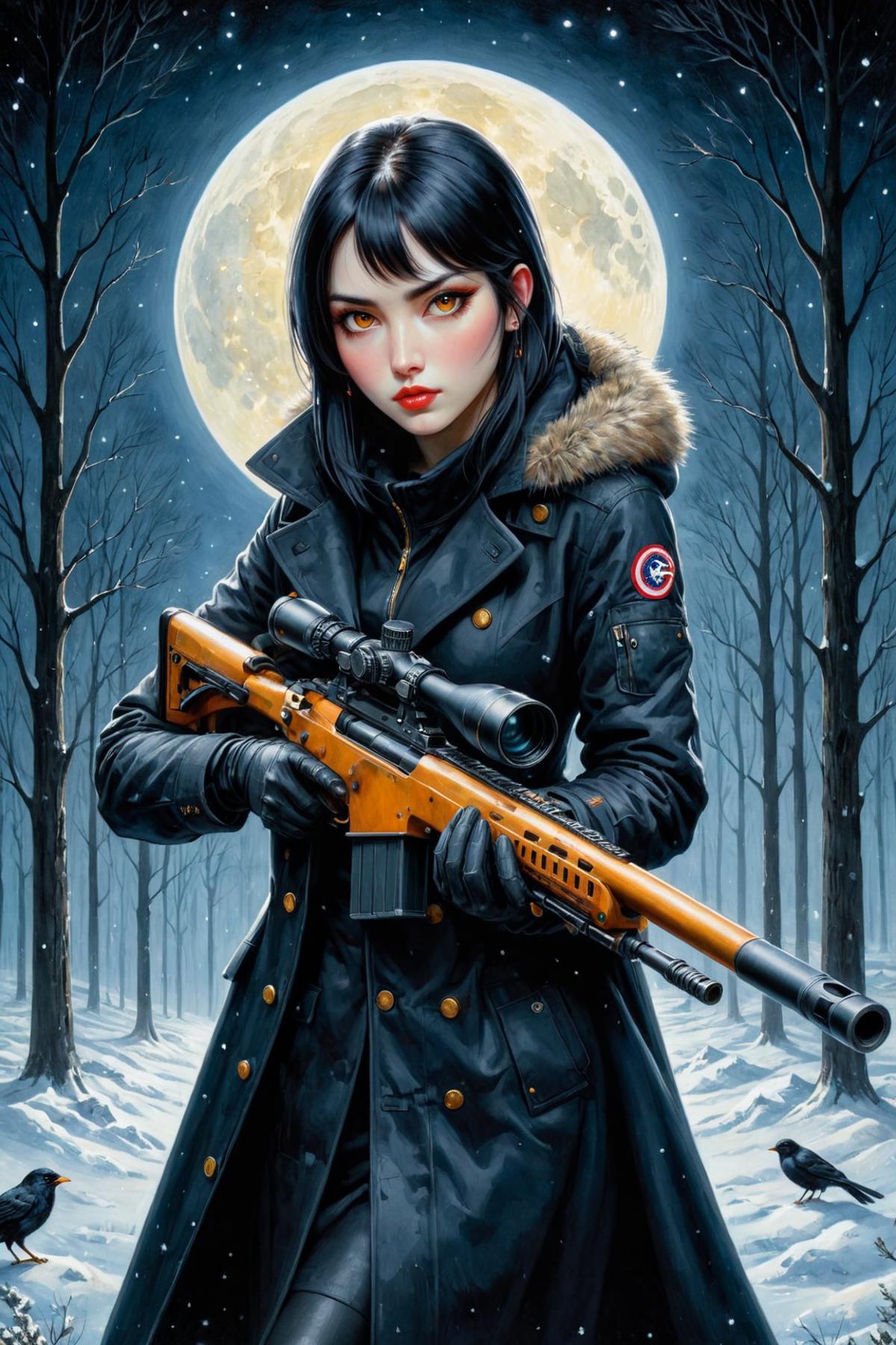 A girl with an assault rifle and a moon in the background.