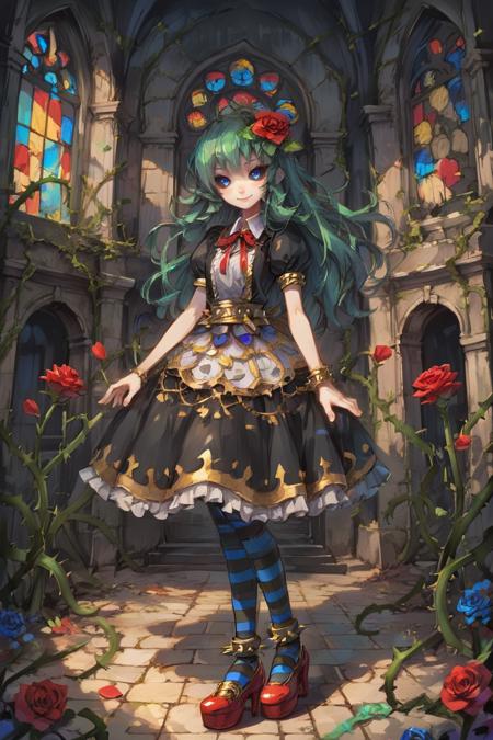 tordef, 1girl, solo, long hair, green hair, black sclera, blue eyes, flower, hair flower, hair ornament, red ribbon, neck ribbon, bib collar, black dress, frilled dress, gold trim, juliet sleeves, yellow armlet, spiked armlet, yellow belt, striped, striped thighhighs, horizontal-striped thighhighs, yellow anklet, spiked anklet, high heels, rose, thorns, vines, tordef, 1girl, solo, long hair, green hair, (colored sclera, black sclera), blue eyes, flower, hair flower, blue rose, blue flower, red bow, hair ornament, red ribbon, hair bow, hair ribbon, capelet, frilled capelet, cross-laced clothes, red bowtie, frilled hairband, layered dress, collared dress, frilled dress, yellow belt, spiked belt, wrist cuffs, striped, striped thighhighs, horizontal-striped thighhighs, yellow anklet, spiked anklet, high heels, rose, thorns, vines, 