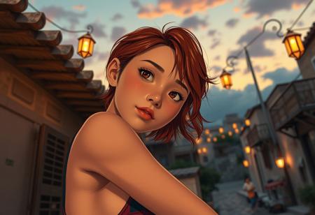 professional cgi anime render, up-scaled, close-up, low, angle, tanned skin asian woman, midlife, sporty, short red hair, natural skin, no make-up, dreaming looking in the camera, leaning on a wall, of a house, in a mediteranian town, late after sunset, fine clouds, dimm lanterns, warm color grading, detailed line art, hyper detailed, surreal,