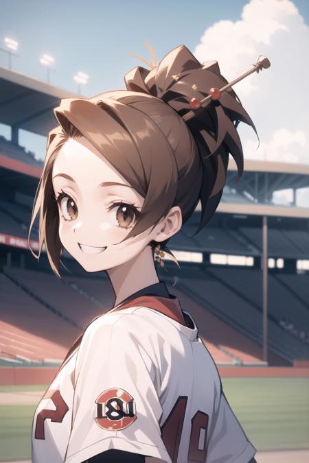 <lora:fuu-000025:1> fuu, hair ornament, hair stick, ponytail, 
1girl, baseball, baseball stadium, grin