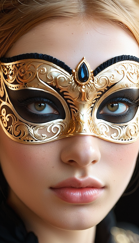 Close-up gorgeous blonde girl face , sexy, hot, cute, (bangs:1.1), freckles, light tan, striking large eyes, aligned eyes, mirror eyes, (half smile:1.1),
(wearing very detailed Venetian Mask:1.1), small tender chin, ginger hair,(double bun hair), black Traditional Clothing, gold,
BREAK,
very long lashes, trendy portrait,
tender Aesthetic nose, ears, puffy lips, sensual lips, detailed texture, detailed eyes, detailed skin, clean skin,  black Traditional Clothing, gold,
<lora:Someplastic_b:1>, (ultra sharp focus:1.8), (detailed skin:1.8), (thin lines:1.8), (best quality:1.8),
<lora:Apparatus_-_Traction_City_Walkers_Vehicles:0.7>,
<lora:add-detail-xl:0.7> (ultra sharp focus:1.8), (detailed skin:1.8), (thin lines:1.8), (best quality:1.8),
<lora:glowneon_xl_v1:0.7>