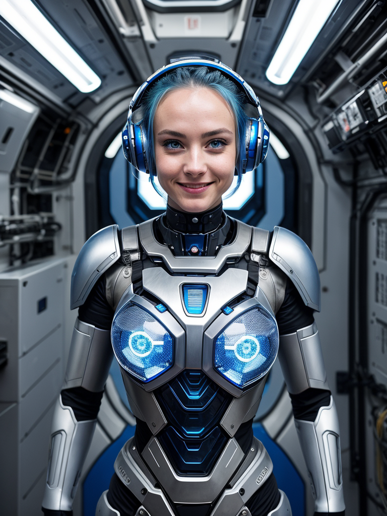 MechaGirl, blue hair ,robot joints, blue eyes, helmet, forehead gem, smile, looking at viewer, standing, upper body, solo,...