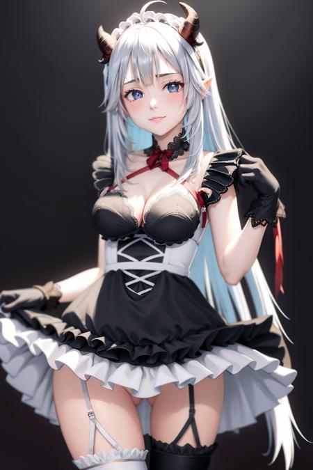 masterpiece, best quality,veibae, 1girl, breasts, blue eyes, gloves, thighhighs, mismatched legwear, horns, virtual youtuber, long hair, maid headdress, tail, pointy ears, demon tail, asymmetrical legwear, solo, white hair, black gloves, demon girl, cleavage, demon horns, mismatched gloves, maid, asymmetrical gloves, looking at viewer,(kbxll:0.6)