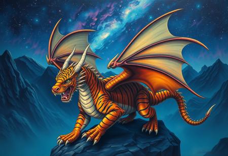 A tiger-striped dragon with sharp scales.  Two hons.  Dragon Wings.
Background mountains at night. Cosmic skyscape.  Synthwave colorscheme. Very realistic, in the style of an oil painting.