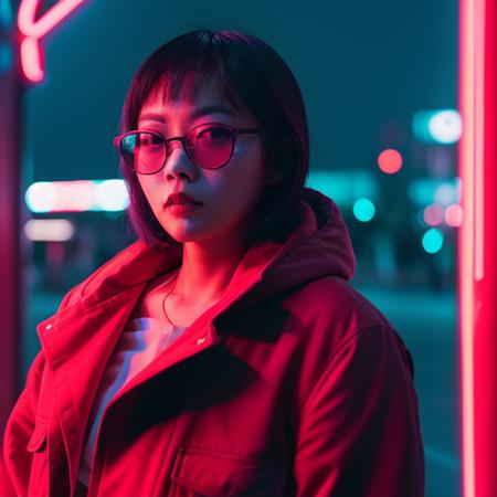 DSLR photo, asian woman wearing a red jacket, sunglasses, <lora:NeonNoir-000002:0.65>, NeonNoir, neon, soft lighting, realistic, green lighting, hard shadow, masterpiece, best quality, Intricate, High Detail, 8k, modelshoot style, film grain,