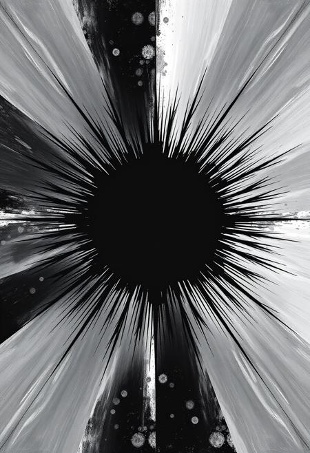 Monochrome abstract painting features a symmetrical composition with a central black sphere and dynamic, radial lines emanating outward. The stark contrast between the deep blacks and soft greys creates a sense of depth and movement. The meticulously detailed, spiky lines extend from the center, forming a dramatic interplay between light and shadow. This piece evokes a sense of cosmic energy and the infinite, blending minimalism with a profound visual impact.