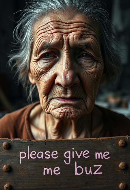 An elderly woman with deeply wrinkled, weathered skin is captured in a close-up using a 50mm Panavision Prime lens, showing every detail of her face. Dramatic lighting casts heavy shadows across her features, emphasizing her sorrow and exhaustion. Her eyes, filled with suffering, reflect the harshness of her life. The background is softly blurred, hinting at a slum with crumbling walls and scattered debris. At the lower part of the image, a cracked wooden panel with rusted nails holds the words ‘please give me buzz.’ The writing is in a pastel color with a crackled font, adding to the gritty, distressed atmosphere, contrasting with the deep emotional weight of the scene