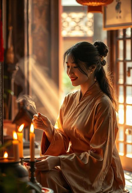 A high quality photo of a beautiful young Chinese woman wearing a traditional Chinese silk dress, sitting inside a temple. She's lighting incense and candles, cozy, slight smile, sunbeams through the doorway, dust in the air, effortlessly chic, beautiful, artistic, serene, detailed, slightly cluttered environment with plants and tools. High detail, heavy use of depth of field, 4k, super realistic, real photo, shot on Canon, camera, orange dreamy lighting, muted colors,