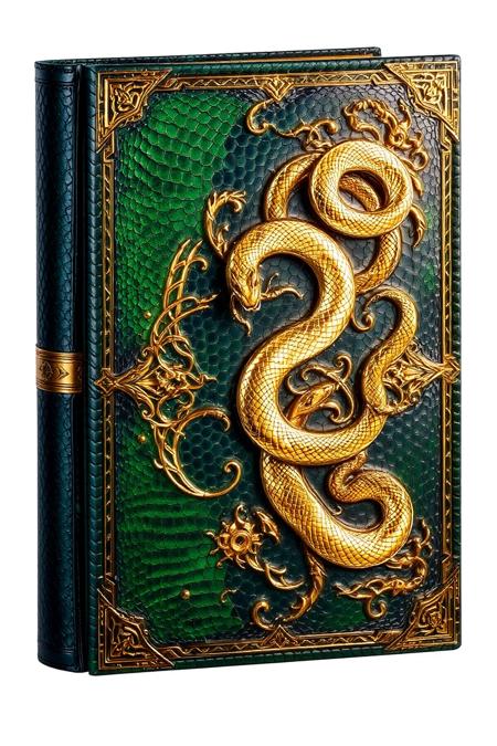 sn4k3. An ancient tome bound in dark green sn4k3 skin, its surface decorated with golden serpentine patterns and pulsating with arcane energy