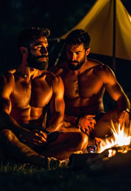 Two hairy chested fit italian men in a campsite, shirtless, sitting in a camping tend, a fire lit in front of the tent, in the night, extreme close up photo, moonlight, kissing