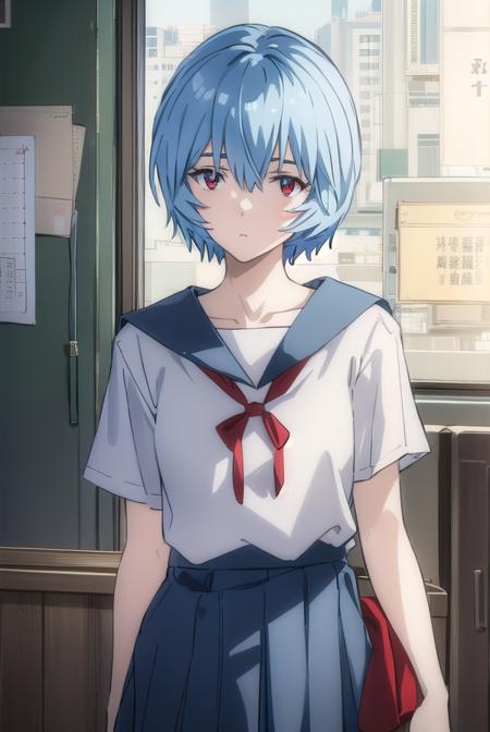 reiayanami, <lyco:rei ayanami rebuild-lyco-nochekaiser:1>, 
rei ayanami, (ayanami rei:1.2), blue hair, short hair, (red eyes:1.3),
BREAK skirt, shirt, ribbon, (school uniform:1.5), white shirt, short sleeves, red ribbon, neck ribbon, (tokyo-3 middle school uniform:1.5),
BREAK indoors, classroom,
BREAK looking at viewer, (cowboy shot:1.5),
BREAK <lyco:GoodHands-beta2:1>, (masterpiece:1.2), best quality, high resolution, unity 8k wallpaper, (illustration:0.8), (beautiful detailed eyes:1.6), extremely detailed face, perfect lighting, extremely detailed CG, (perfect hands, perfect anatomy),