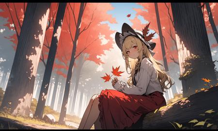 1girl, long hair, solo, autumn leaves, red eyes, white headwear, letterboxed, nature, forest, sitting, outdoors, hat, long sleeves, blonde hair, very long hair, tree, leaf, holding leaf, autumn, holding, bangs, maple leaf, red skirt, frills, skirt, dress, holding flower, day, from side, closed mouth, sun hat, sun
<lora:lightV1-000008:1>