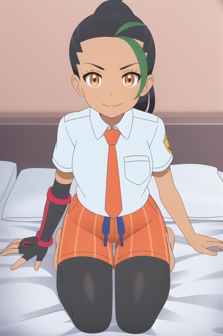 (masterpiece), high quality, (detailed background), 1girl, solo,
<lora:PokemonNemona-v1-05:0.7>, ChopioNemona, black hair, green hair, streaked hair, ponytail, long hair, eyelashes, orange eyes, freckles, (looking at viewer:1.3),
mature female, medium breasts, long legs,
outfit_1, light blue shirt, collared shirt, orange necktie, short sleeves, breast pocket, red elbow glove, fingerless glove, single elbow glove, orange shorts, striped shorts, legwear under shorts, black leggings,
bedroom, bed, on bed, smile, kneeling, on knees, from above, looking up,