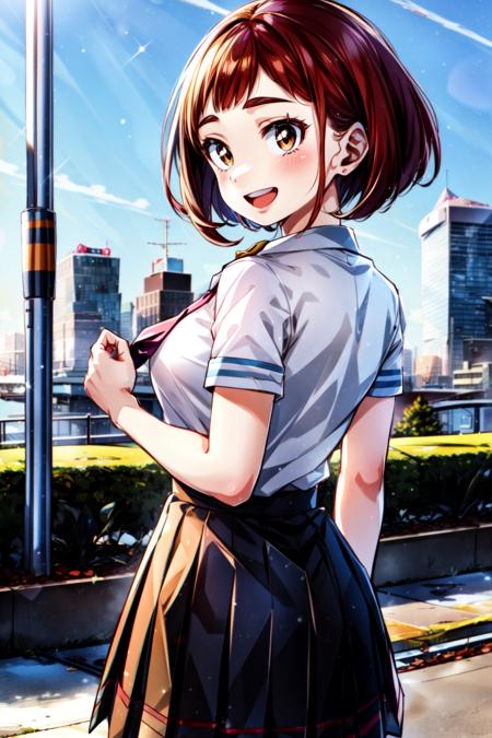 (best quality:1.2), 1girl, (masterpiece:1.2), raytracing, cute face, perfect face, ultra detailed,detailed face, 8k wallpaper, wide hips,  <lora:more_details:0.4>,  <lora:UrarakaOchako_NDV:0.7>, UrarakaOchako_NDV, 1girl, brown eyes, brown hair, large breasts, short hair, blush stickers, standing, outdoor, city, smile, open mouth, school uniform, skirt, shirt, tie, from behind