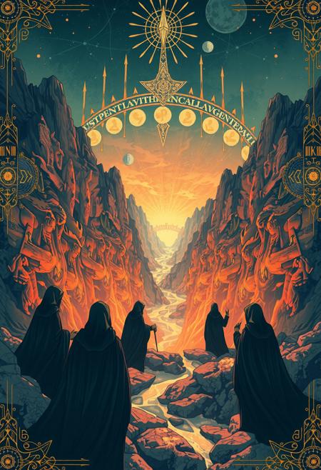 In the style of kilian eng, A three dimension illustration with accents of hyper detailed illustration, neo surrealism, intricate design, occult ritual in river valley, figures in black hooded robes, multiple views, recursion, firgures repeating into distance, data lace, hyper grid, alchemy ,vril maidens, le parc, alchemy,,chemigram,, In the style of alan lee.


