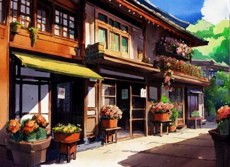 Flower store, coffee spot, tables, chairs, no one, windows, flowers, plants, potted plants, watercolor (medium), landscapes, doors, air conditioning,traditional media, houses, outdoors, balconies, Oil painting drawn in anime style <lora:totk_1.1:1>