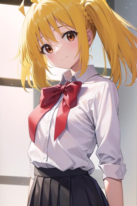 nijikaijichi, <lyco:nijikaijichi-lyco-nochekaiser:1>, 
nijika ijichi, ahoge, (yellow hair:1.5), (brown eyes:1.5), long hair, one side up, (flat chest:1.2), smile,
BREAK (black skirt:1.5), bow, bowtie, collared shirt, pleated skirt, polka dot, polka dot bow, red bow, (red bowtie:1.5), red footwear, shirt, shoes, short sleeves, skirt, socks, (white shirt:1.5), white socks,
BREAK indoors, classroom,
BREAK looking at viewer, (cowboy shot:1.5), 
BREAK <lyco:GoodHands-beta2:1>, (masterpiece:1.2), best quality, high resolution, unity 8k wallpaper, (illustration:0.8), (beautiful detailed eyes:1.6), extremely detailed face, perfect lighting, extremely detailed CG, (perfect hands, perfect anatomy),